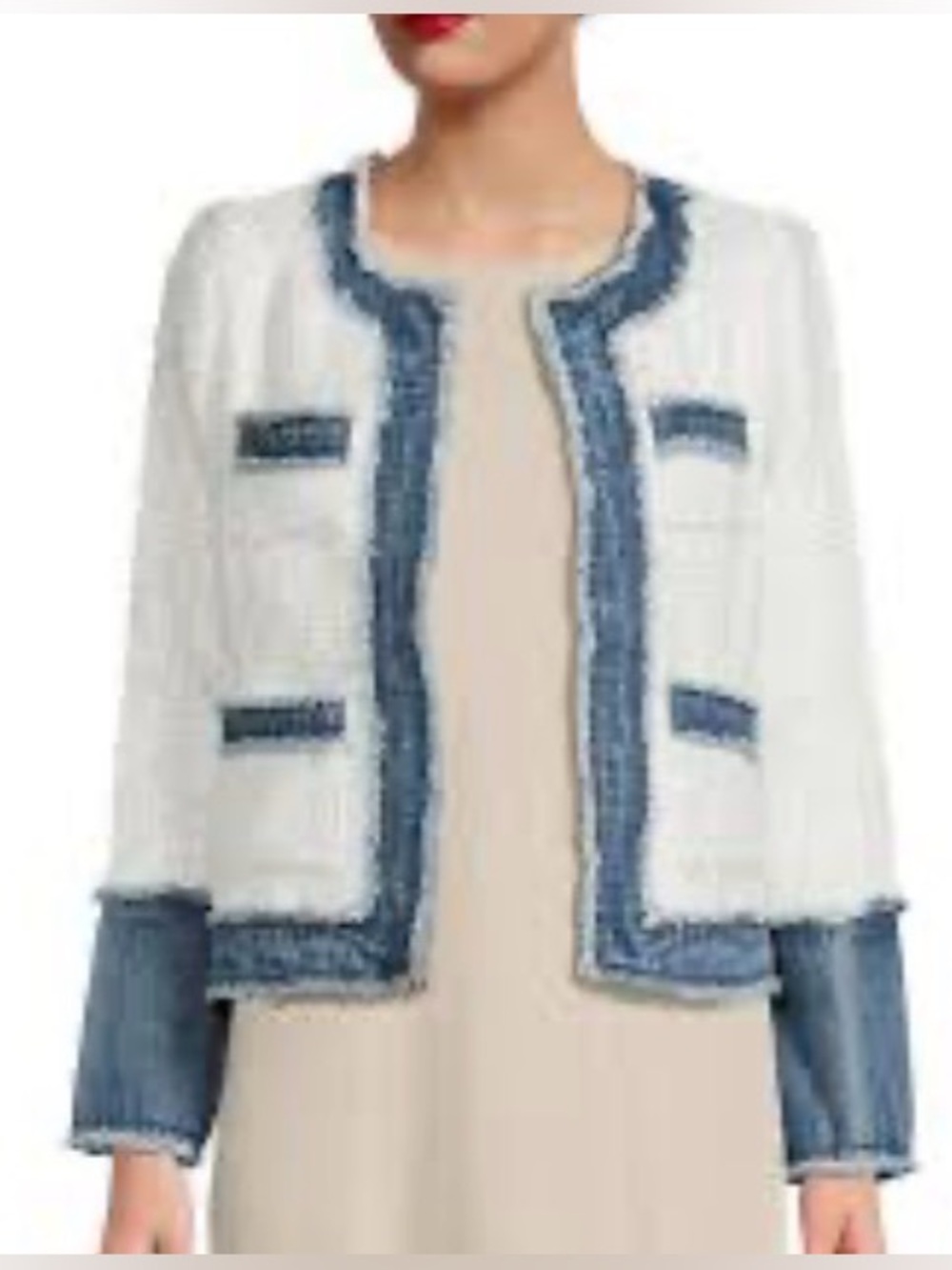 Saks Fifth Avenue Frayed Denim-Trim Metallic White Bouclé Tweed Blazer: Medium - Picture 2 of 6
